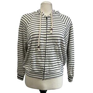 Rewind Striped Zip Front Hoodie Sweater Sz Small Womens White & Grey Long Sleeve